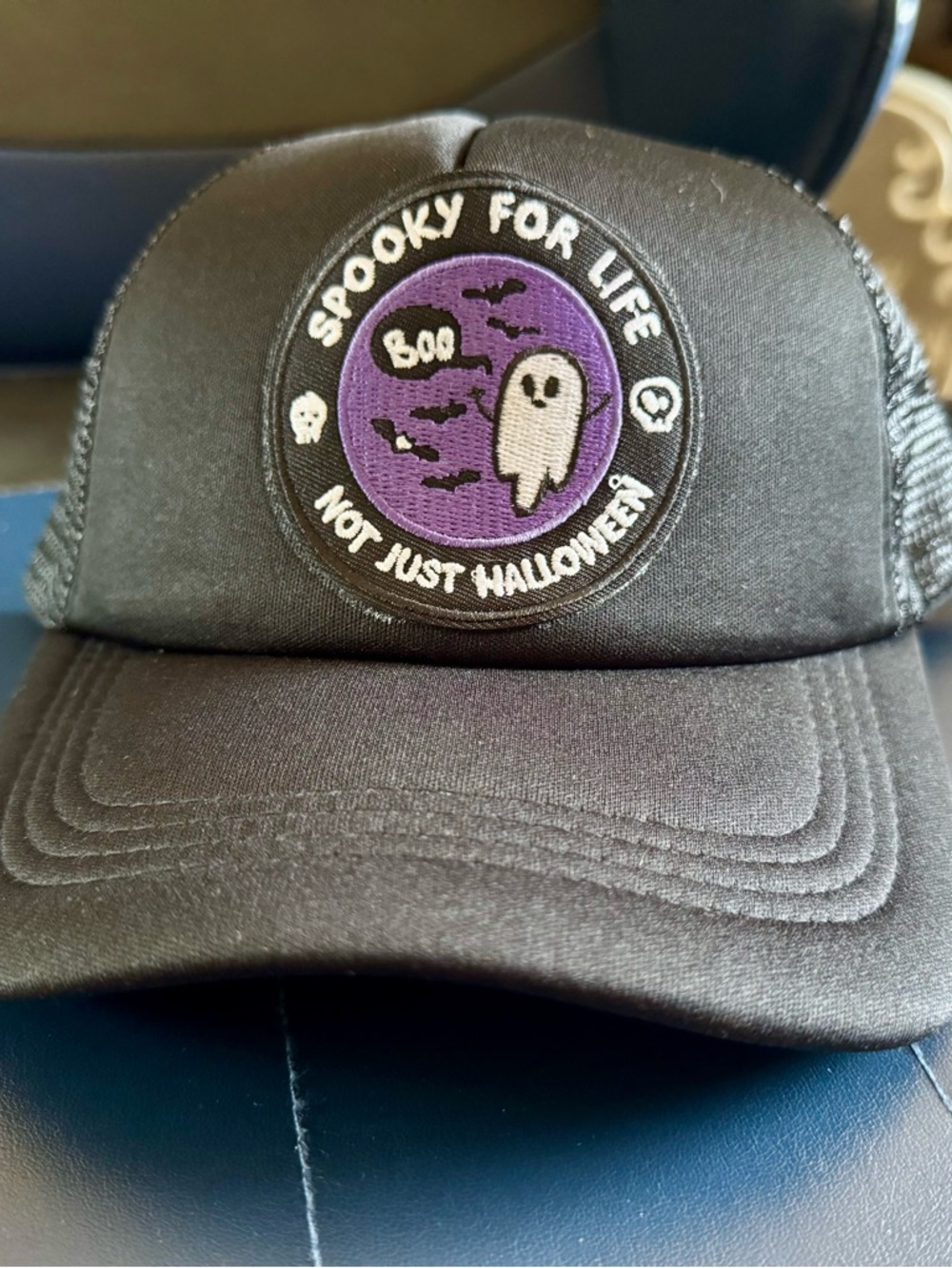 Kids Black Trucker Hat with Purple Ghost Patch - Spooky For Life